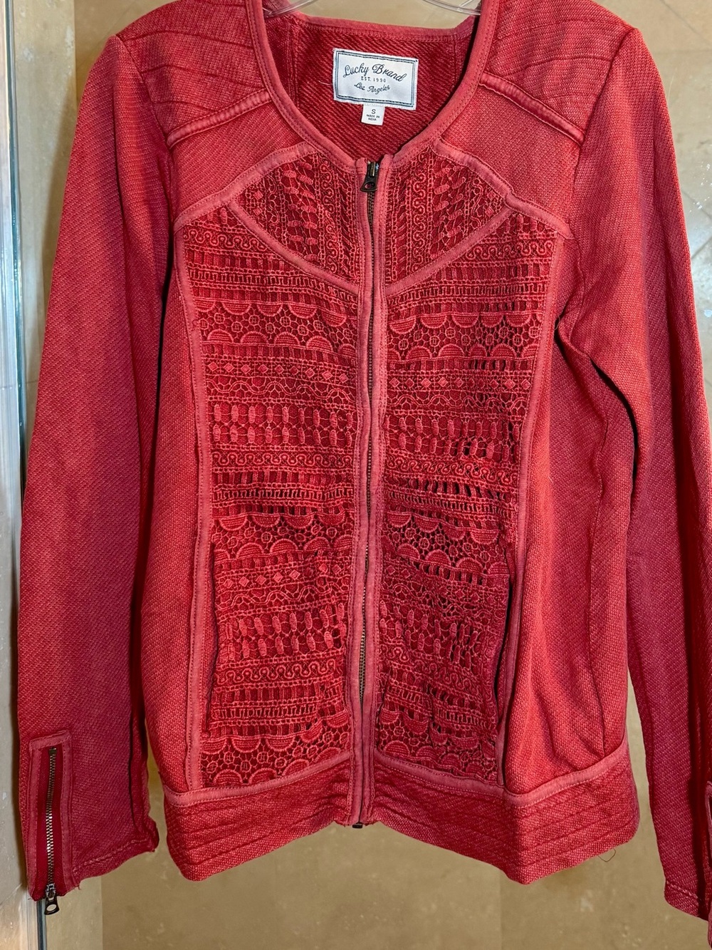 Lucky Brand Red Crochet-Front Zip Utility Jacket